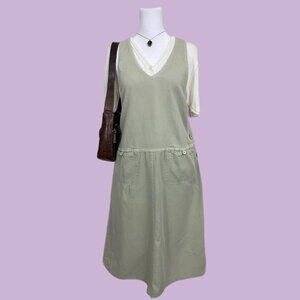 vintage 90s muted green corduroy granola cottagecore overall pinafore midi dress